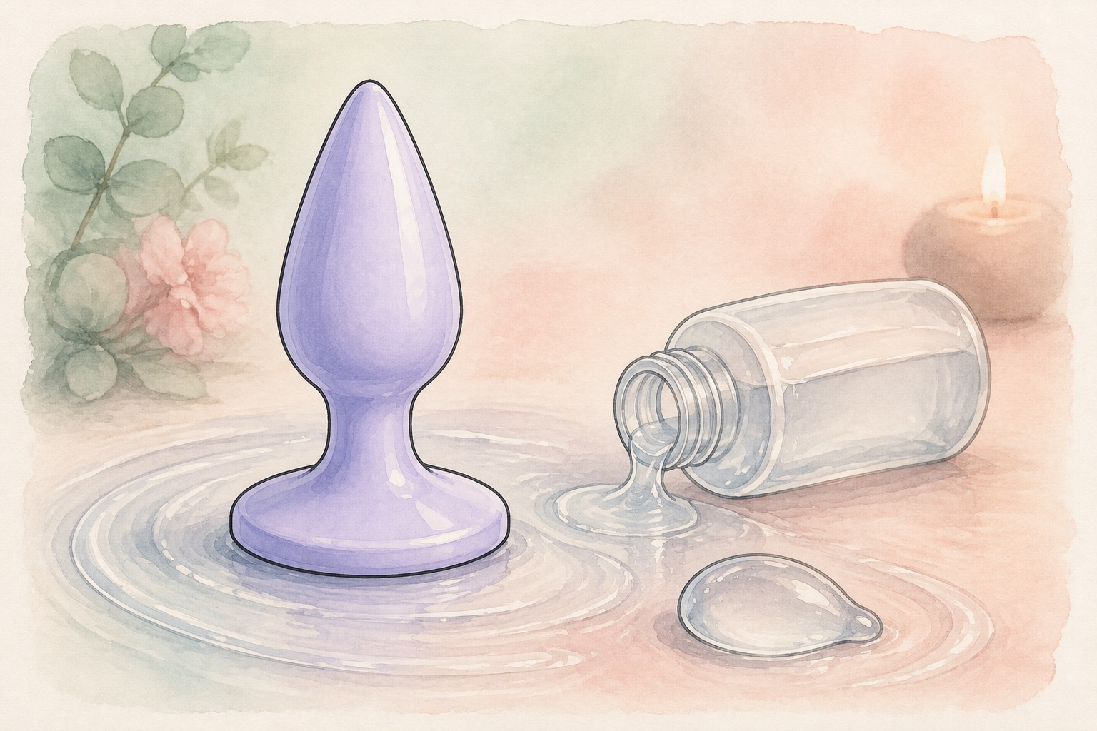 Watercolour illustration of lubricant flowing beside a small flared-base butt plug