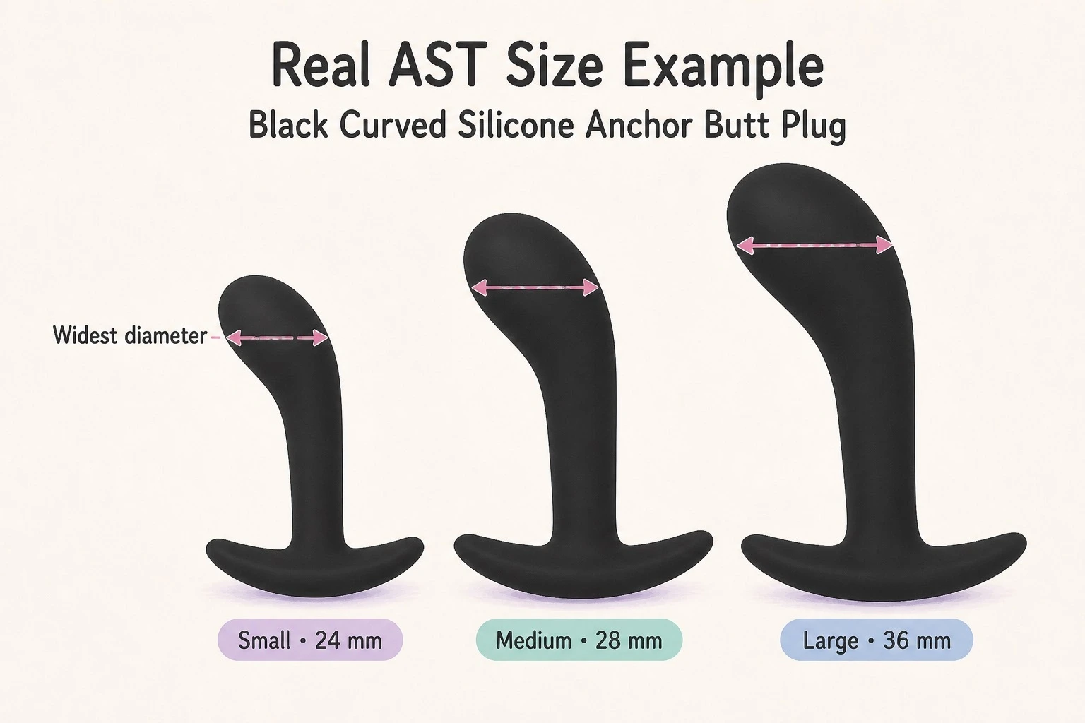Black Curved Silicone Anchor Butt Plug in small 24 mm, medium 28 mm and large 36 mm sizes