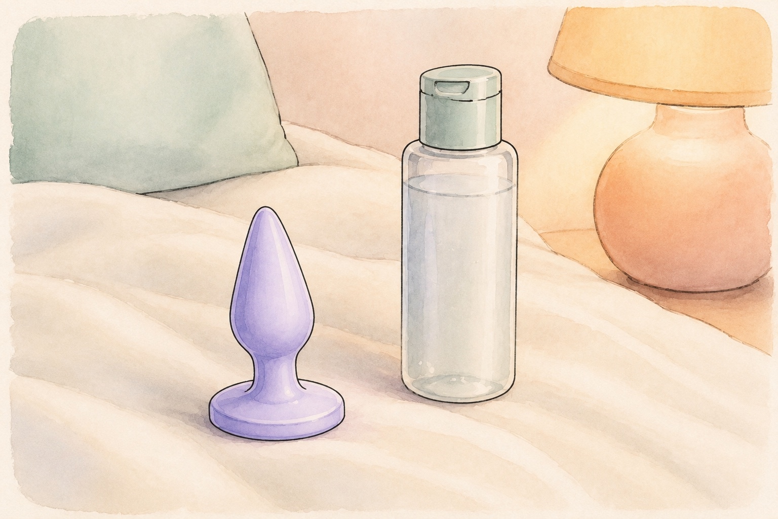 Watercolour bedroom scene with lubricant and a small flared-base butt plug beside a lamp