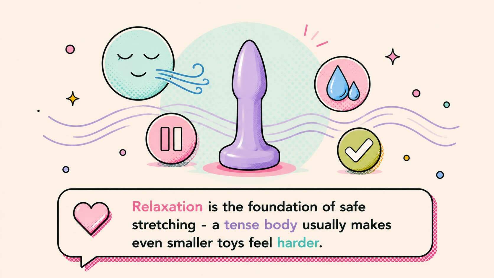 relaxing anal muscles before safe stretching with lube pause and breathing icons
