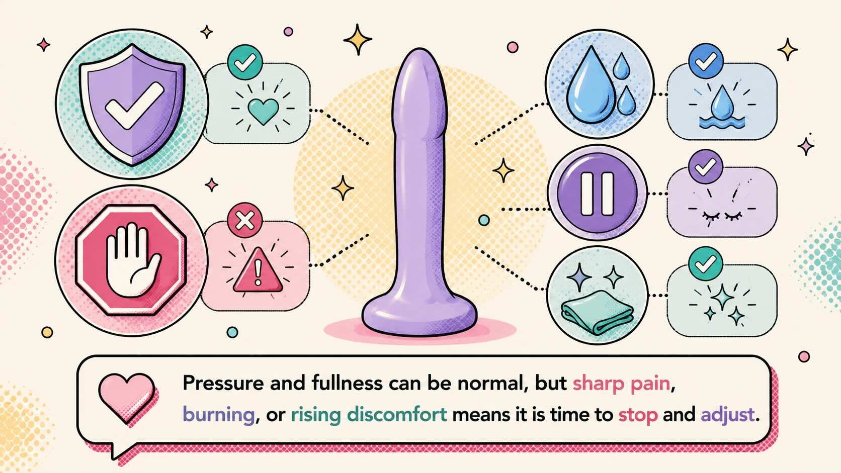 first time anal dildo safety tips with stop lube pause and cleaning icons