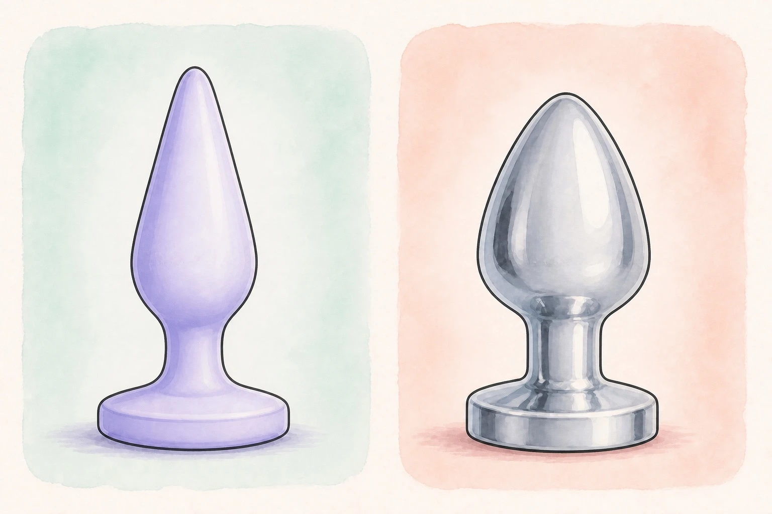 Tapered silicone and rounded metal butt plugs showing different shapes and materials