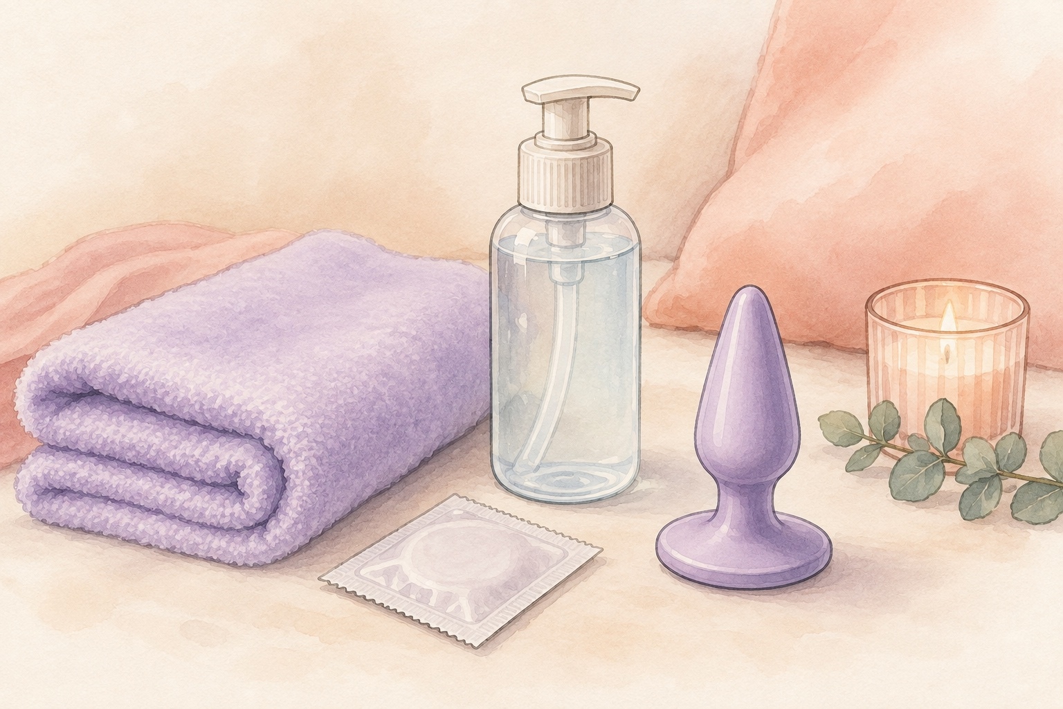 Watercolour illustration of a towel, lubricant, condom and small flared-base butt plug