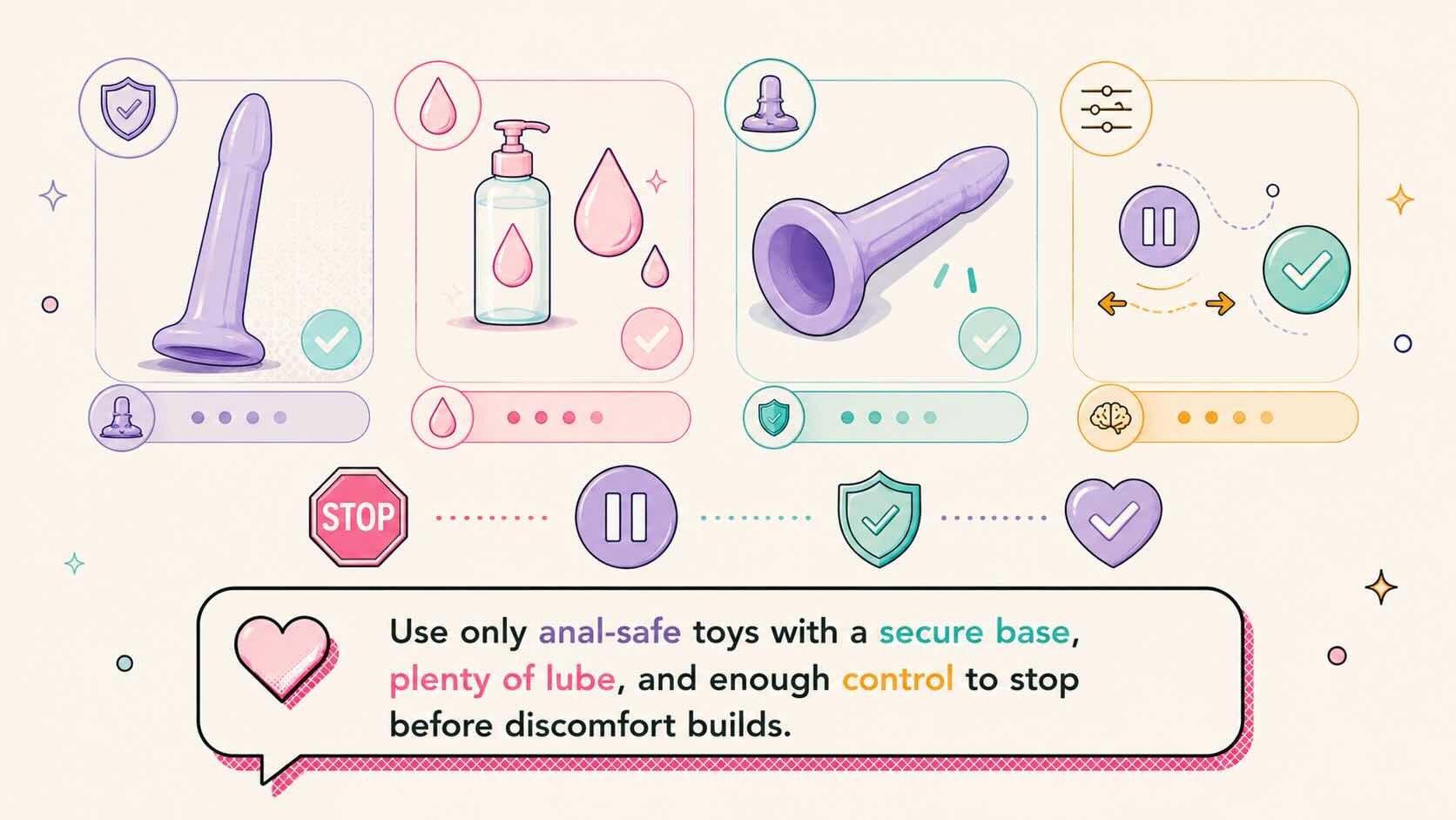 anal dildo safety tips with flared base suction cup lube pause and stop icons