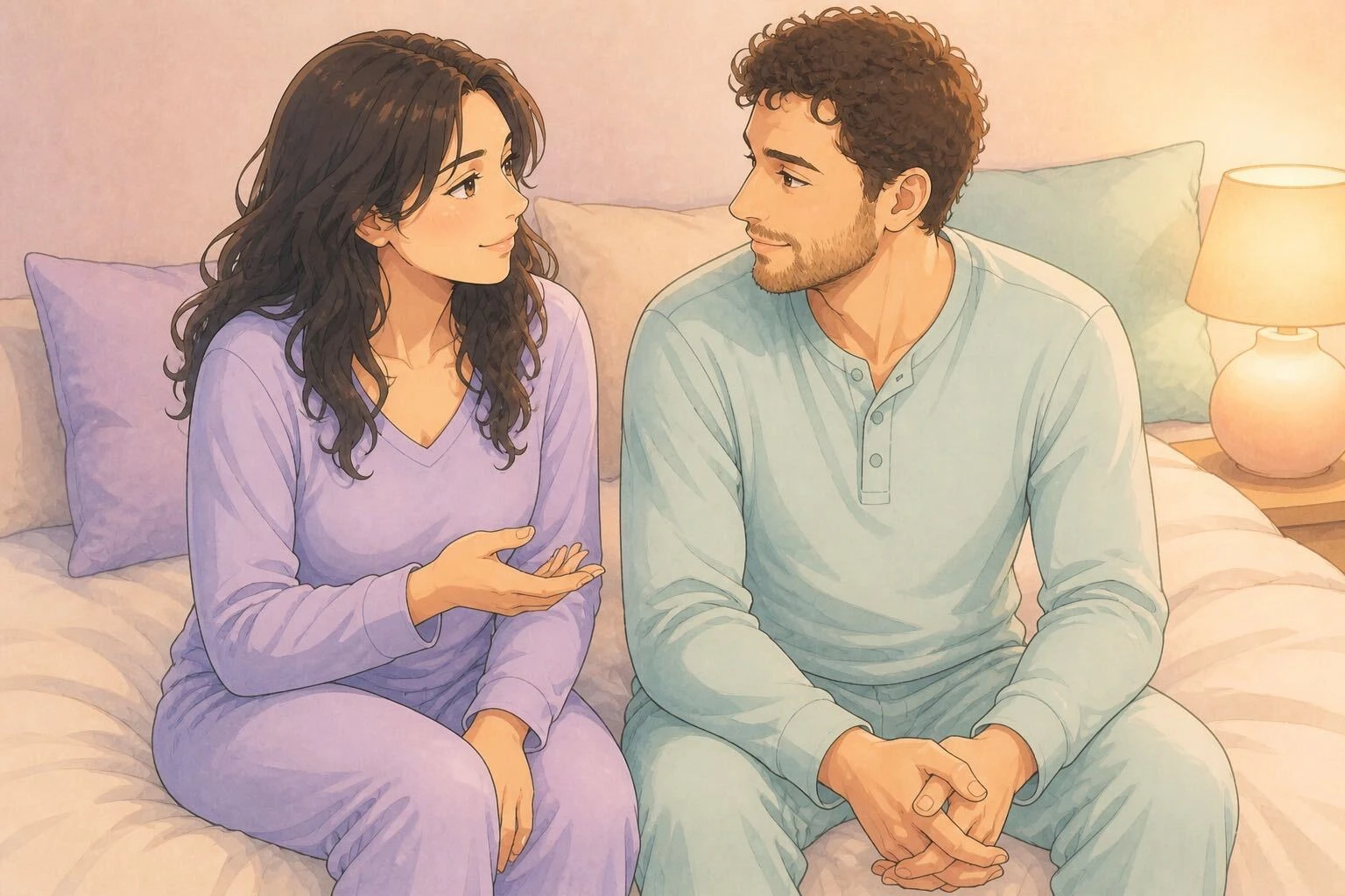 Watercolour illustration of two adults talking together on a bed before intimacy