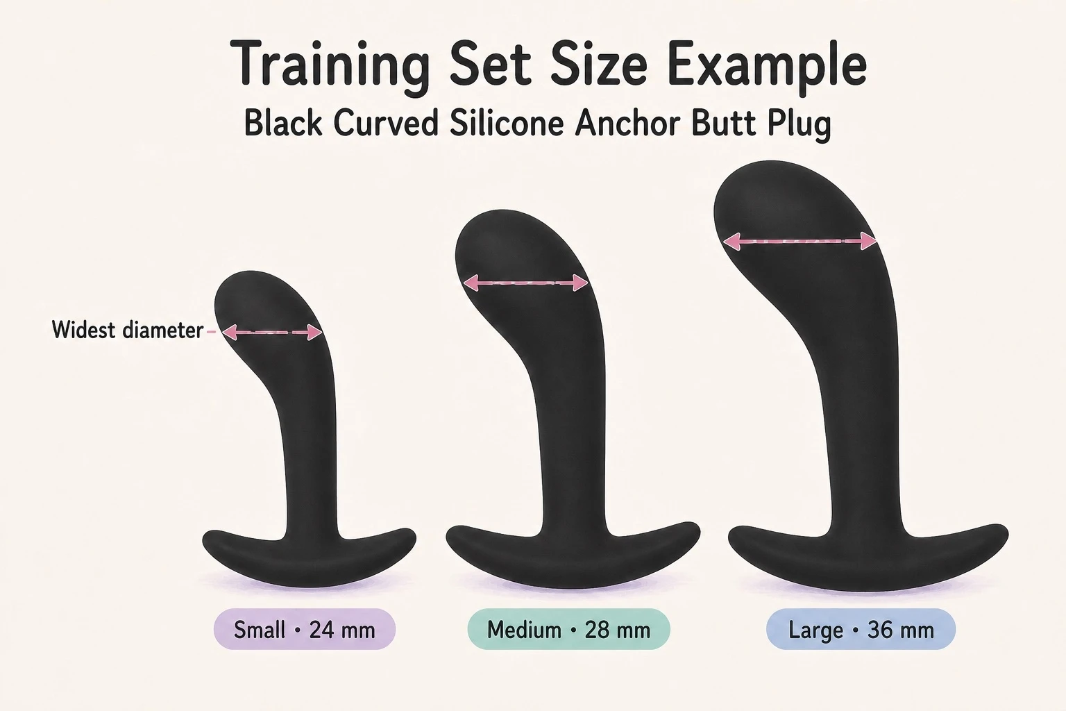 Butt plug training set with 24 mm, 28 mm and 36 mm sizes