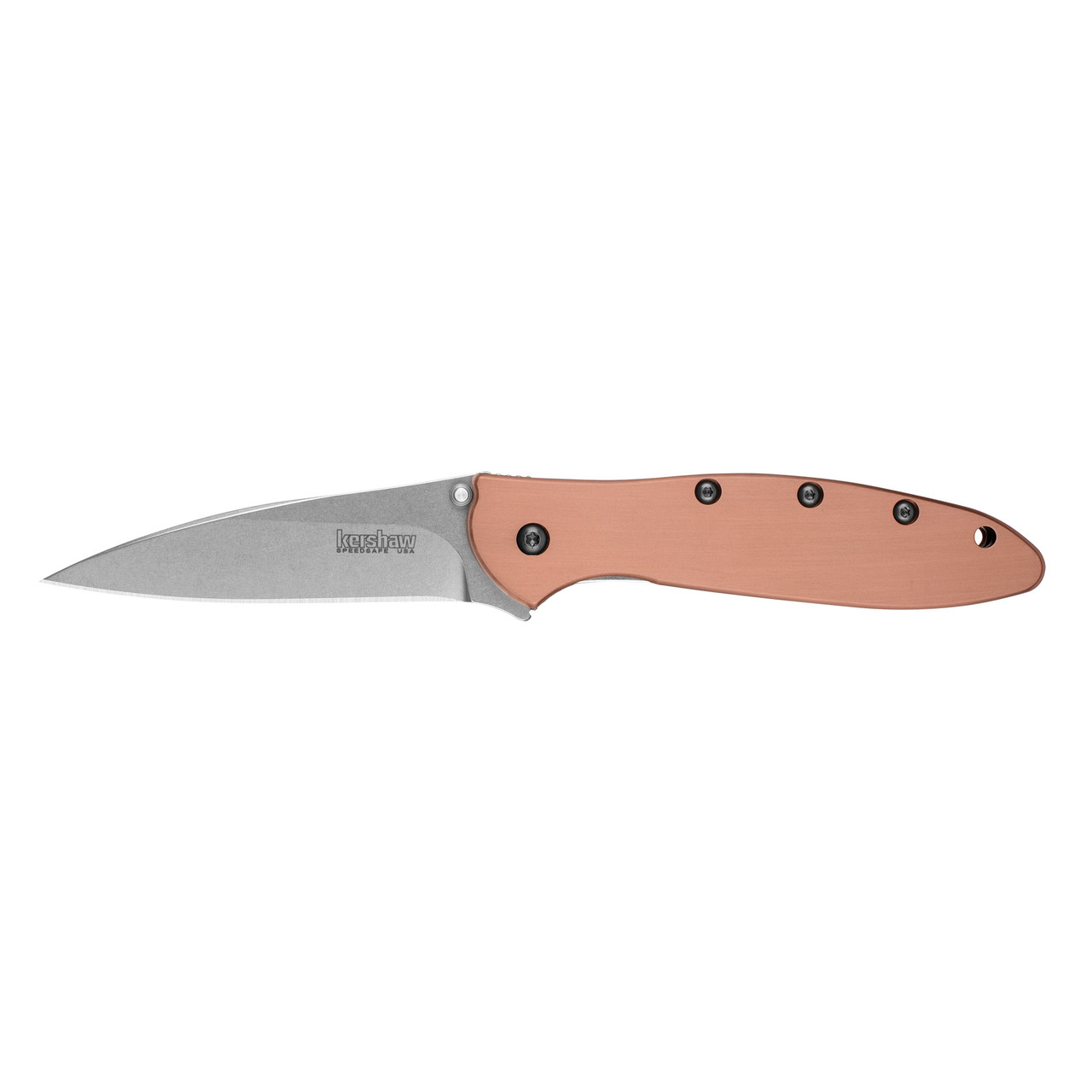 Kershaw, Leek, 3" Folding Knife/Assisted, Wharncliffe Point, Plain Edge, CPM154 Stonewashed, Copper Handle Scales
