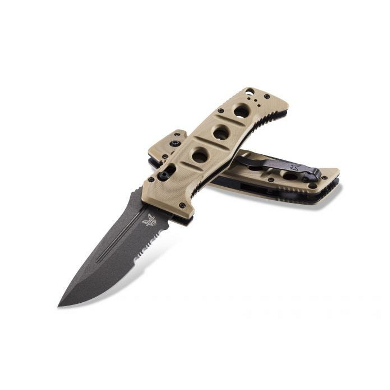 Benchmade 2750SGY-3 Shane Sibert AUTO Adamas Folding Knife 3.78" CruWear Tungsten Gray Combo Blade, Desert Tan G10 Handles, Ballistic Nylon Sheath