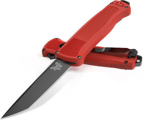 Benchmade 5370BK-04 Limited Shootout OTF AUTO Knife 3.51" CPM-CruWear Black DLC Tanto Blade, Mesa Red Grivory Handles