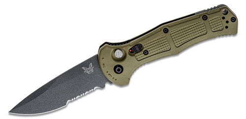 Benchmade 9070SBK-1 Claymore AUTO Folding Knife 3.6" CPM-D2 Cobalt Black Drop Point Combo Blade, Ranger Green Grivory Handles