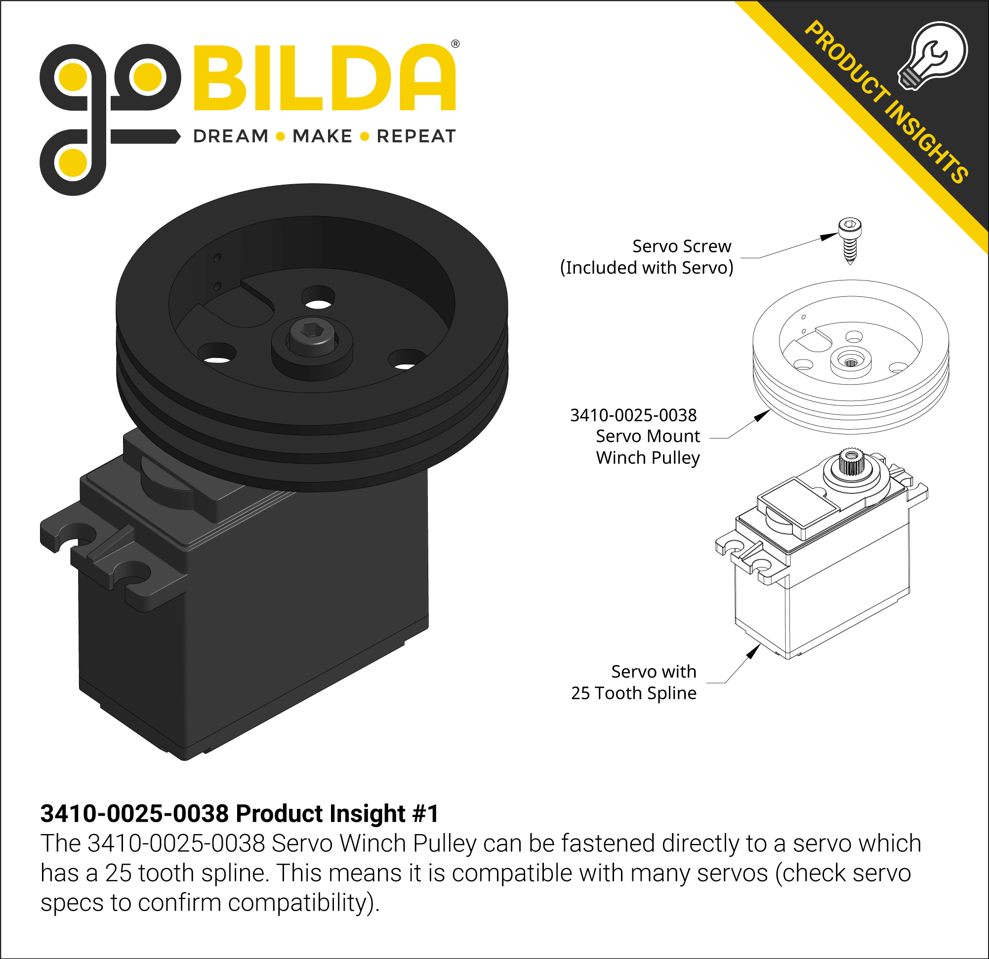 3410 Series Servo Mount Winch Pulley (25T Spline, 38mm Spool Diameter