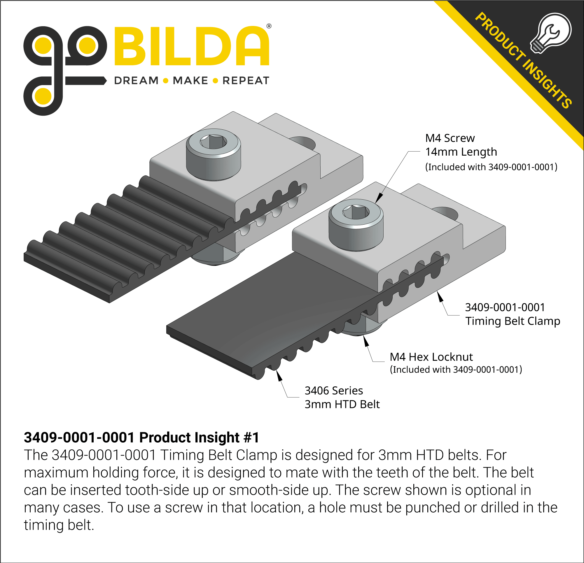 3409 Series 3mm HTD Pitch Timing Belt Clamp (11) 2 Pack goBILDA