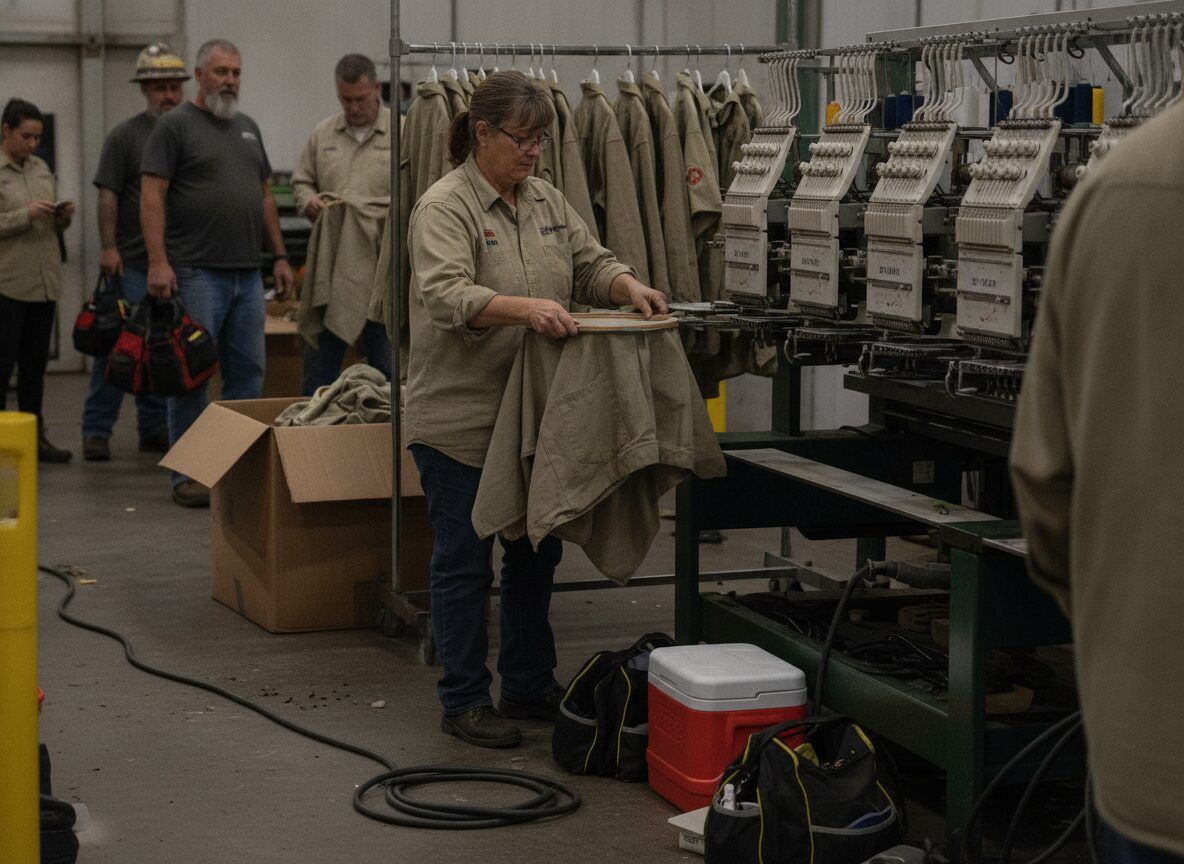 Multi-head embroidery machines with FR shirts on the rack
