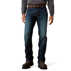 A pair of Ariat FR M4 Relaxed Stretch DuraLight Basic Boot Cut Jeans, shown with a mid-rise fit and classic 19-inch boot cut leg openings designed to stack over work boots. These flame-resistant jeans are made from Durastretch Fabric, a durable, flexible, quick-drying, and ultra-breathable blend of 69% Cotton, 30% Modacrylic, and 1% Spandex, offering a featherlight feel.