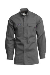 Lapco grey fire resistant long-sleeve button-down work shirt made of 7 oz cotton, on a white background.