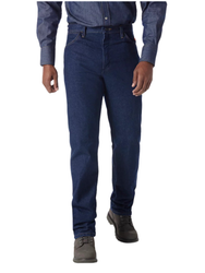 Wrangler Men's Flame Resistant Original Fit jeans, made from 14.75 oz prewashed cotton denim, featuring authentic five-pocket styling, arc-resistant button waistband closures, a brass zipper with Nomex FR tape, and a visible Safety Orange Outside ID, designed to fit over boots.