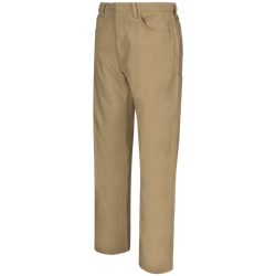 Bulwark Loose Fit Midweight Canvas Jean in Khaki or Navy, made from flame-resistant 8.5 oz. EXCEL FR® ComforTouch® canvas fabric. Features a one-piece waistband with button closure, five jean-style pockets including two deep scoop pockets, two reinforced hip pockets, a right leg welt utility pocket, a left leg exterior utility pocket, and triple-needle felled mainseams with an after-garment wash finish.