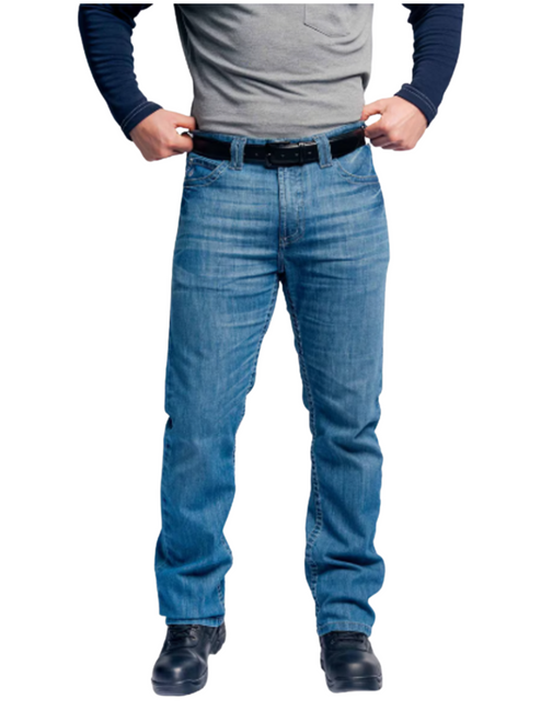 A pair of LAPCO FR Morgan Jeans in light stonewash denim, featuring a low-rise, slim fit, and straight leg. The jeans display whiskering and modern details, with reinforced front and back pockets, heavy-duty belt loops, a non-conductive button closure, and a brass zipper.