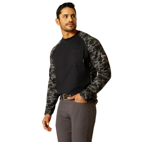 Ariat FR AC Stretch Camo Baseball T-Shirt-Black/Grey Camo