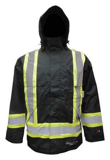 Viking Professional Journeyman FR Ripstop Rain Jacket, high-visibility yellow with 2-inch Vi-brance reflective tape, featuring a detachable Stormblaster hood and storm flap over zipper.
