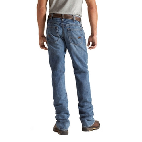 Ariat Work FR Men's M4 Flint Boot Cut Flame Resistant Jeans, dark grey 13 oz. FR cotton ring-spun denim with a hand-sanded, lightly worn finish. These low-rise, relaxed fit men's jeans feature a boot cut leg, extra-deep front pockets, a secure I-pocket, and reinforced belt loops.