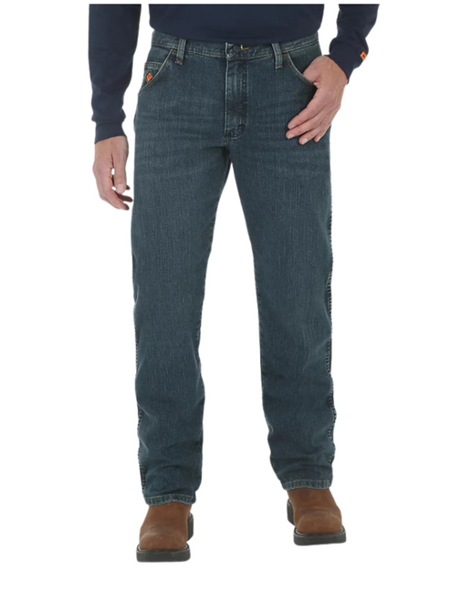 Wrangler Men's Flame Resistant Advanced Comfort Regular Fit Jeans featuring authentic five-pocket styling, reinforced back pockets, and arc-resistant button waistband closures. The jeans include a high quality brass zipper with Nomex FR zipper tape, Nomex FR thread in all garment seams, and a safety orange outside ID. Made from 94% Cotton, 5% Polyester, 1% Spandex, with a comfortable waist and a regular fit designed to go over boots. HRC2 and 2112 rated.