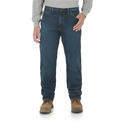 Wrangler Men's Advanced Comfort Relaxed Fit Jeans, featuring authentic five-pocket styling, reinforced back pockets, and a safety orange outside ID. These flame-resistant jeans have a relaxed fit designed to go over boots, an arc-resistant button waistband closure, and are prewashed for a comfortable feel with 4-Way Flex Technology.