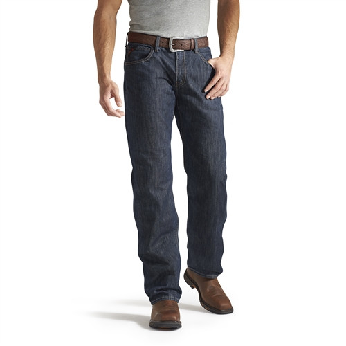 Ariat Work FR Men's M3 Loose Fit Flame Resistant Jeans, made from 13 oz. 100% FR cotton denim, featuring a lower rise, loose fit through the waist, hip, and thigh, straight leg opening designed to fit over work boots, deep front pockets, reinforced belt loops, and a brass zipper with Nomex® FR zipper tape.