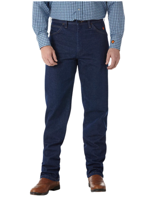 Wrangler Men's Advanced Comfort relaxed fit flame-resistant jeans with a prewashed finish, featuring authentic five-pocket styling, reinforced back pockets, a brass zipper, arc-resistant button waistband closures, and a prominent safety orange outside ID.
