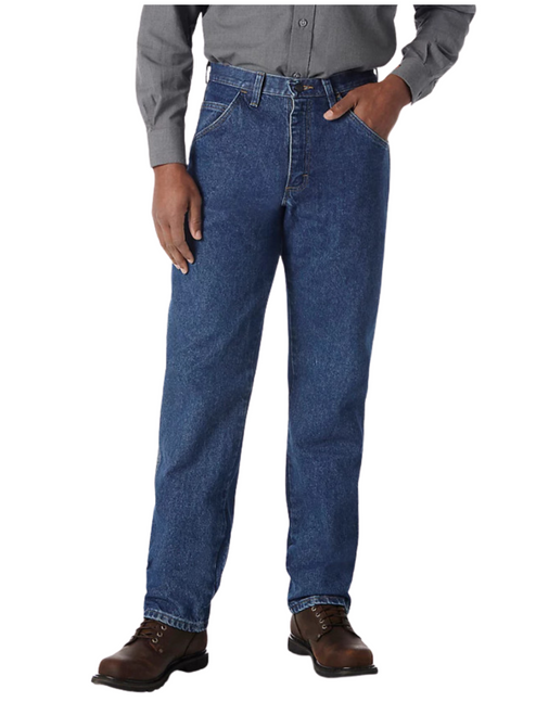 A pair of Wrangler Men's Flame Resistant Relaxed Fit Jeans, made from heavy 14.75 oz 100% cotton denim, featuring an arc-resistant button waistband, brass zipper with Nomex tape, reinforced back pockets, triple needle stitching on all seams, leg openings designed to fit over boots, and a visible Safety Orange Outside ID for enhanced safety in hazardous work environments.