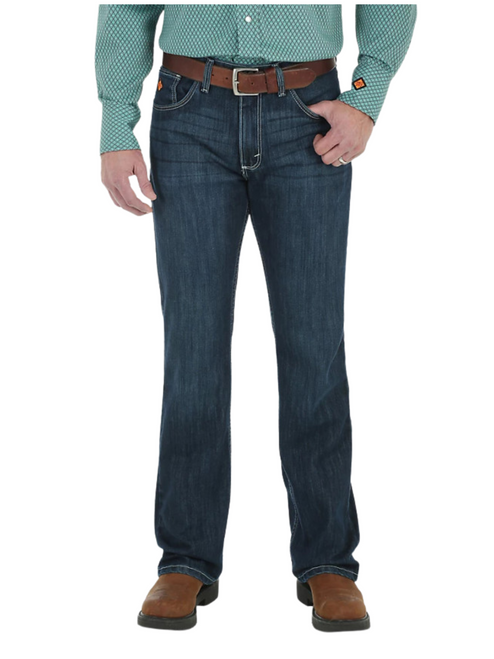 Wrangler Men's FR 20X Vintage Boot Jean, a Western contemporary style with slim seat and thigh, vintage boot leg, five-pocket styling with reinforced back pockets, an arc-resistant button, brass zipper with Nomex FR tape, and a safety orange outside ID.