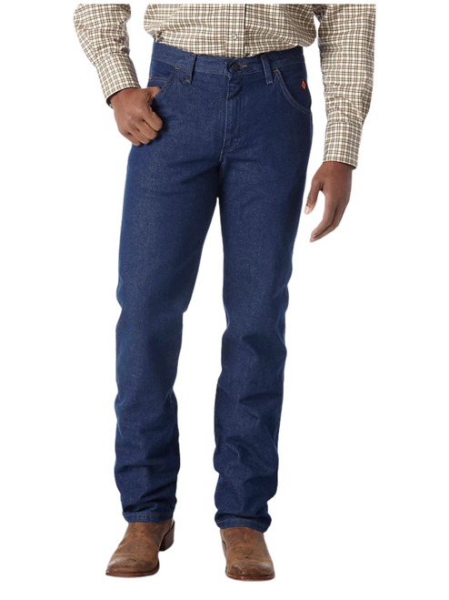 Wrangler Men's lightweight, regular fit, flame resistant denim jeans featuring authentic five-pocket styling, arc-resistant button waistband closures, and a high-quality brass zipper with Nomex (FR) tape. Visible details include Nomex (FR) thread seams, a safety orange outside ID, and a prewash finish, designed to fit over boots.