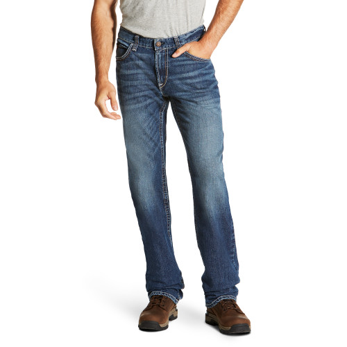 Men's ARIAT FR M4 Durastretch Alloy relaxed bootcut jeans, 13 oz FR cotton denim, front view on a white background.
