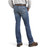 A pair of ARIAT FR M7 Slim DuraStretch Adkins Stackable Straight Leg Jeans, made from 13 oz. DuraStretch denim, featuring a modern slim fit through the seat and thigh, low rise, and a straight leg opening designed to stack over boots. The flame-resistant jeans display a lightly distressed finish with sanding and tacking, and distinctive stitched back pockets.
