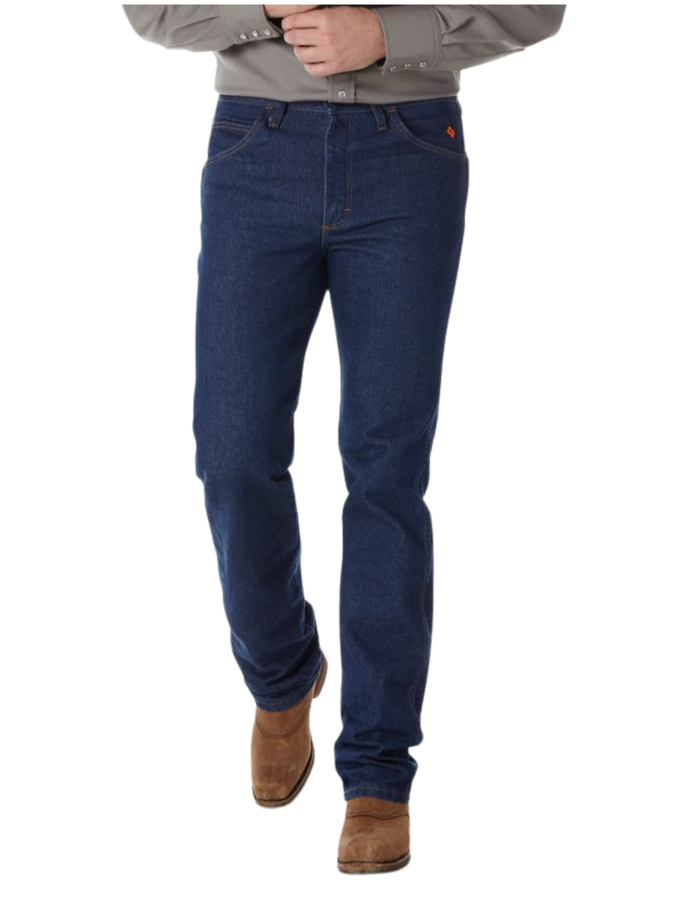 Wrangler Men's Flame Resistant Slim Fit Jeans made of prewashed 100% cotton, featuring authentic five-pocket styling, a brass zipper, an arc-resistant button waistband closure, and a safety orange ID. The jeans are designed to fit over boots.