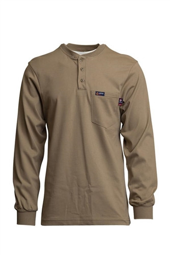 Lapco FR Henley shirt in Khaki, flame resistant with ATPV 8.9 cal/cm², shown on a white background.