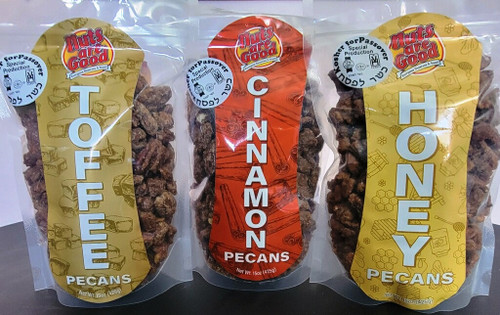 Pecans flavored in cinnamon, toffee, honey Pecans flavored in cinnamon, toffee, honey