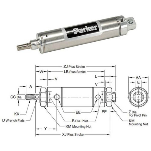 Parker Hannifin 1.75DXPSR28.00 Double-Acting Stainless Steel Pneumatic Cylinder SR Series 28 Inch Stroke