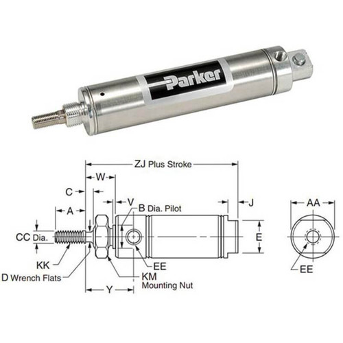Parker Pneumatic Division 1PSR00007013 Double-Acting Stainless Steel Pneumatic Cylinder SR Series 3 Inch Stroke