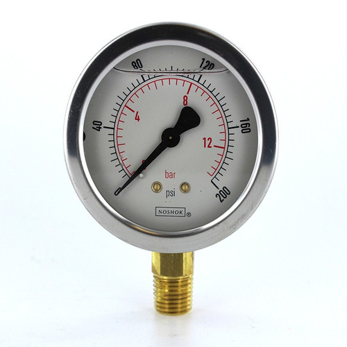 Noshok 25-901-200-Psi/Bar Pressure Gauge  0-200 Psi Liquid Fill 1/4" Npt Bottom Mount 2 1/2" Face