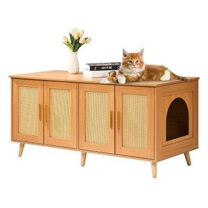 Cat Litter Box Enclosure for 2 Cats, Litter Box Furniture Hidden with Rattan Decorated Doors, Woode E415-JSDMMSPWQ472W1G51V0