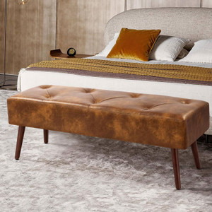 Mid-Century End of Bed Bench with Brown Leather Upholstered Seat Solid Wood Legs Q280-FLYBS792583641