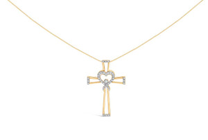 14K Yellow Gold Plated .925 Sterling Silver 1/6 Cttw Diamond Interlocking Heart and Ribbon Cross Pe N162-80-6216YDM