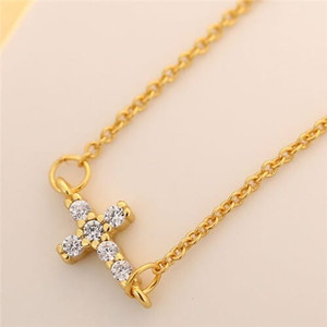 Cubic Zirconia Inlaid Horizontal Cross Pendant Fashion Necklace - Golden A392-fane4949