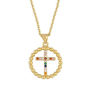 U.S. Rhinestone Cross Inlaid Hollow-out Round Shape Pendant Classic Design Golden Women Copper Whol A392-fane6950