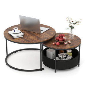 Round Coffee Table Set of 2 Circle Cocktail Table with Storage Basket - Color: Brown D681-JV11986CF