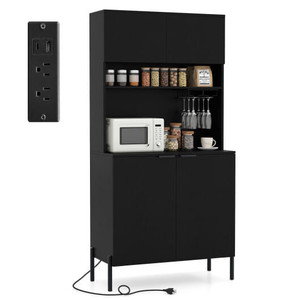 64.5 Inches Tall Kitchen Pantry Cabinet with Charging Station and Wine Glass Rack-Black - Color: Bl D681-JZ10365US-DK