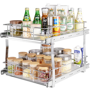 2 Tier 17"Wx21"Dx15"H Pull Out Cabinet Organizer, Heavy Duty Slide Out Pantry Shelves, Steel Roll O E415-HGS217W21D15HO4AUV0