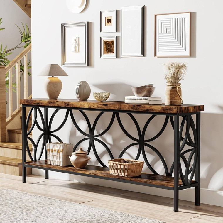 Modern 70-inch Long Narrow Console Sofa Table with Brown Wood Top and Shelf Q280-RBTERCN15976431