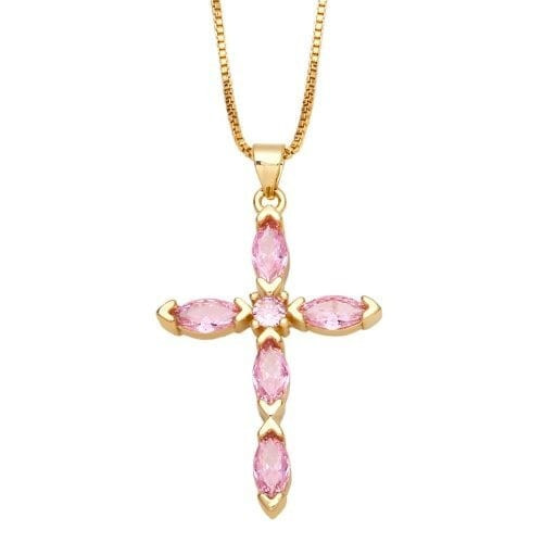 Classic Cross Pendant Wholesale Women 18K Gold Plated Copper Necklace - White A392-fane7638